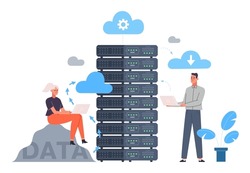Cloud data server, online database storage technology concept. Data storage engineering, cloud hosting computing concept vector illustration. Cloud storage technology. Data cloud storage network