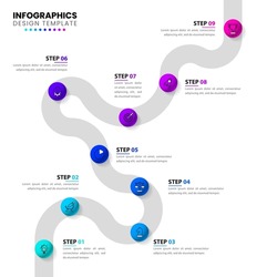 Timeline concept with marbles. Infographic design with icons and 9 options or steps. Can be used for workflow layout, diagram, webdesign. Vector