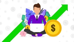 Money concept. Man sitting with computer and making money. Vector illustration