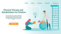 Therapeutist in White Coat Working with Little Kid with Disability and His Mom in Gym Equipped for Therapeutic Exercises. Physical Therapy and Rehabilitation for Children. Landing Page, Copy Space.