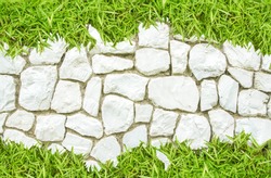 Street big rock wall  and grass on white stone pathway for background backdrop nature footpath, path, pathway, pavement, paving, sidewalk go green white and green nature background copy space for text