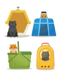 Different cats in carriers. Plastic cage carrier, cloth bag, plastic basket and porthole backpack. Vector illustration isolated on white background.