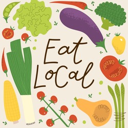 Eat local banner for farmers market. Hand drawn lettering with flat illustrations of veggies. Fresh organic vegetables for summer vegan menu.