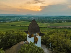 Hungary - Amazing lookout tower on the Godollo hills, next to the Formula 1 racing tack from drone view