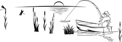fisherman in a boat on the lake, black and white illustration