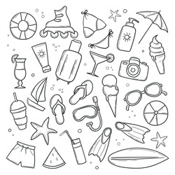 Set of summer beach elements in hand drawn doodle style. Clip-art collection of things for vacation. Monochrome linear stickers. Vector illustration isolated on white background