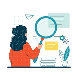 Woman holding a magnifying glass or loupe and looking for information in the database. Search, SEO or research concept. Optimization of finding websites, files. Isolated flat vector illustration.