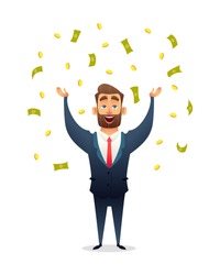 Successful beard businessman character celebrates success, standing under money rain banknotes and coins. Cash falling on happy business man. Business concept of success, achievement, wealth.