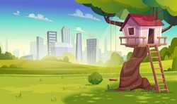 Tree house for playing in kids games with swing, ladder against the background of city.Country woodland cabin for summer