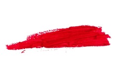 Lipstick smear smudge swatch isolated on white background. Lipstick, makeup product swatch. Cream makeup texture. Bright red color cosmetic product brush stroke swipe sample. Advertisement banner