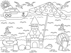 Beach, sand games. Yacht at sea. Children play on the beach, sand castle. Vector, black stroke, white background.