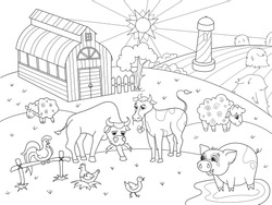 Farm animals and rural landscape coloring book for adults vector illustration. Anti-stress for adult cow, pig, bird, building. Zentangle style sky. Black and white lines listen sun Lace pattern nature