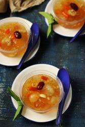 Triple Collagen Dessert, a Chinese Traditional Refreshment Beverages Contains Peach Gum, Bird Nest, Red Dates, Snow Fungus, Goji Berry, and Another Additional Healthy Ingredients. Good for Your Skin.