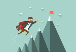 Office superman flying to achieve his goal. Leadership concept. Mountains with red flag on the top, sky and clouds on background. Colorful vector illustration in flat style.
