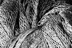 Focus and blur of fishing nets, buoys and tackle, black and white fine art photography of marine textures,