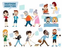 smartphone addiction.bad lifestyle concept.infographic element.flat cute cartoon design illustration.isolated on white background.