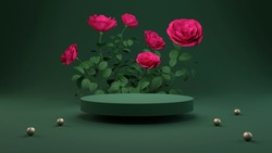 Rose 3D rendering flower background pink color with geometric shape podium for product display, minimal concept, Premium illustration pastel floral elements, beauty, cosmetic.