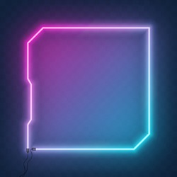 Neon square tech sci fi hologram frame, border with wire. Neon lights sign. Vector abstract background, tunnel, portal. Geometric glow outline rectangular shape, laser glowing lines.