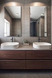 bathroom with two Symmetrical oval-shaped sink, two black faucet, marble wall, two square mirrors, wooden cabinet and small flower pot
