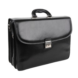 New fashion male business bag or briefcase in black leather isolated on white background. Without shadows