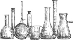Medical laboratory test tubes and bulbs flask. Professional science chemistry lab equipment glassware for the experiments and examinations. Vintage hand drawn engraving etching style.