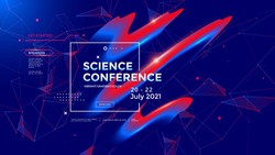 Science conference concept. Wide poster design template. Modern seminar page with 3d flowing shape. Vector banner gradient trendy illustration.