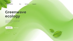 Ecology Corporate landing page with 3d green wave. Eco background design with fluid wavy shape and leaves. Vector template