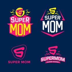 Super mom emblem. Super hero logo set. Vector illustration
