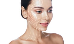 Lifting lines, advertising of face contour correction, skin and neck lifting. Facial rejuvenation concept, cosmetology
