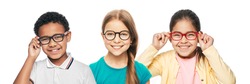 Group of smiling multiethnic kids wearing modern eyeglasses on white background. Children's vision corrective concept