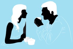 Young couple enjoys a hot tea in the cafe, silhouettes