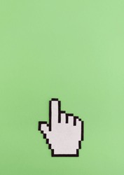 Link click pixel hand cursor symbol on green background with copy space
