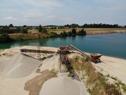 Sandbox. View of sand mining from a drone. The water area was photographed from the flight.
