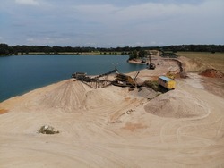 Sandbox. View of sand mining from a drone. The water area was photographed from the flight.