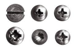 Top view heads of screws metal on a white background.  rivets isolated. Components of the graphic design.