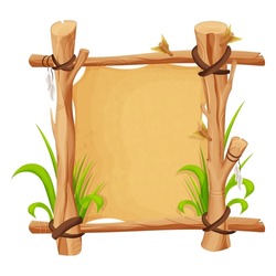 Frame from wood branch, sticks, old paper, leather rope, grass in comic cartoon style isolated on white background. Tribal, rural clip art. Ui game asset. Vector illustration