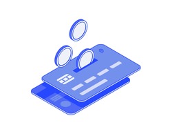 Debit or Credit banking Card, income, coins, add funds to account isometric illustrate 3d vector icon. Modern creative design illustration in flat line style.