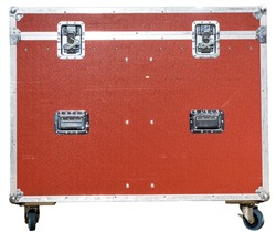 red flight case for music or light equipment. white back ground. road tour