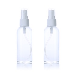 Transparent spray bottle with white cap filled with water isolated on white background. Front and back view. For advertising, branding, mock up & e-commerce