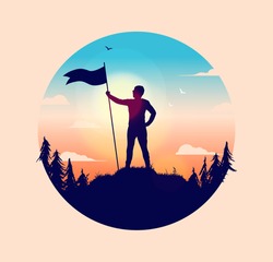 Man holding flagpole with waving flag on hilltop, looking at the freedom of nature. Forest, clouds and sky. Retro warm colours, winner, accomplishment and success concept. Circular vector illustration