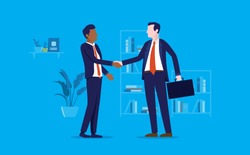 Diversity handshake - two men shaking hands in office. Agreement on business deal, corporate handshake, ending a meeting, new client or employee concept. Vector illustration.