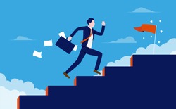 Stairway to success - Man running fast up stairs to reach his goals. Metaphor for quick business success, boost personal career, and winning. Vector illustration.