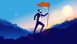 Walking up hill with flag. Modern businessman taking the hard road to reach personal success. Winner, on top, self development, success and business growth concept. Vector illustration.