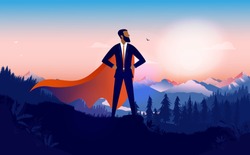 Businessman superhero - African-American man with red cape standing proud in landscape being a brave hero. Business leader, winner and minority success concept. Vector illustration.