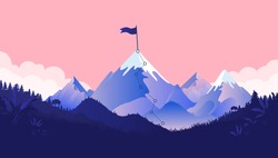 Mountaintop goal - Path to mountain summit with snow and flag on top. Coral coloured background, forest and clouds. Business goals, achievement and challenge concept. Vector illustration.