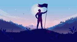 Personal achievement - Man holding flag on hilltop celebrating reaching his goal. Victory, winning and conquer adversity concept. Vector illustration.