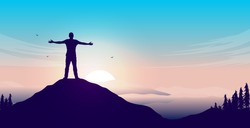 Mental happiness - Man on mountain peak with open arms welcoming a new day with sunrise and beautiful view. Vector illustration.