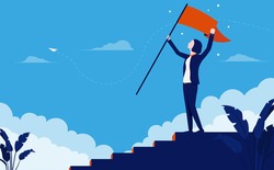 Successful woman on top of the corporate ladder celebrating victory. Female businessperson with raised flag and hands in air celebrating career success. Vector illustration.