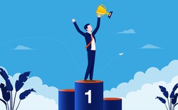 Business winner - Businessman winning first place and holding trophy in hand. Success and accomplishment concept. Vector illustration. 