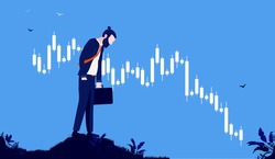 Losing money in stock market - Sad investor walking with head down in front of falling graph. Financial loss and economic depression concept. Vector illustration.